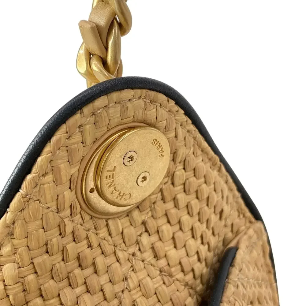 Chanel 25 Shoulder Bag Beige Black Raffia Leather